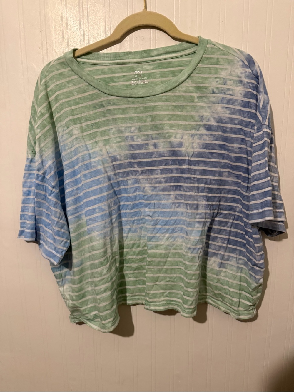 Womens Relaxed Stripe Tie-Dye Short Sleeve Top - Green & Blue XL
